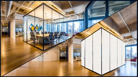Glass conference room with switchable smart glass shown transparent on one side and frosted on the other.