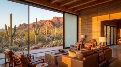 Arizona luxury desert home with a floor-to-ceiling clear switchable smart glass wall framing saguaro desert and red-rock mountains at golden hour