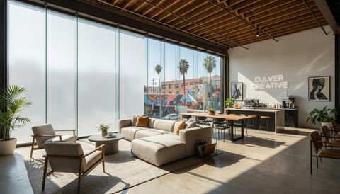 Culver City creative loft with a floor-to-ceiling clear switchable smart glass wall overlooking the arts district — several glass panels switched to frosted privacy mode