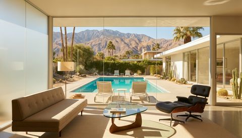 Palm Springs mid-century-modern desert home with a floor-to-ceiling clear switchable smart glass wall framing the mountains and pool — several glass panels switched to frosted privacy mode