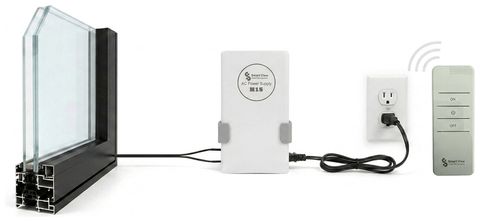 How it powers: low-voltage leads from the window frame run to one transformer that plugs into a standard wall outlet, switched by a wireless remote