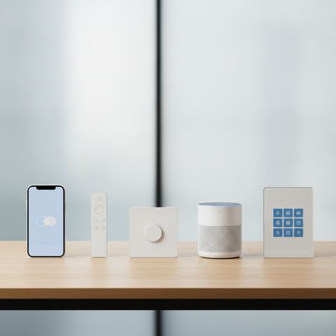 Illustration: the control family — phone app, remote, wall dimmer, smart speaker, and touch panel — in front of frosted smart glass