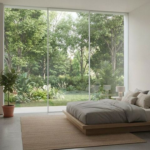 Bedroom with the floor-to-ceiling glass wall in its clear transparent state, the view beyond