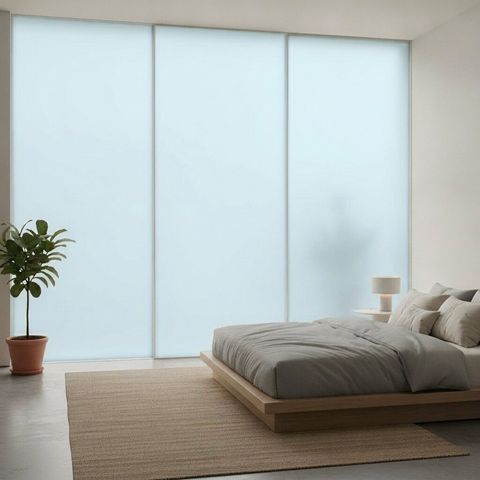 The same floor-to-ceiling bedroom glass switched to frosted opaque privacy