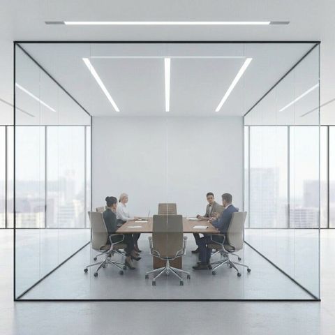 Glass-walled conference room with the switchable partition in its clear transparent state, the meeting visible inside