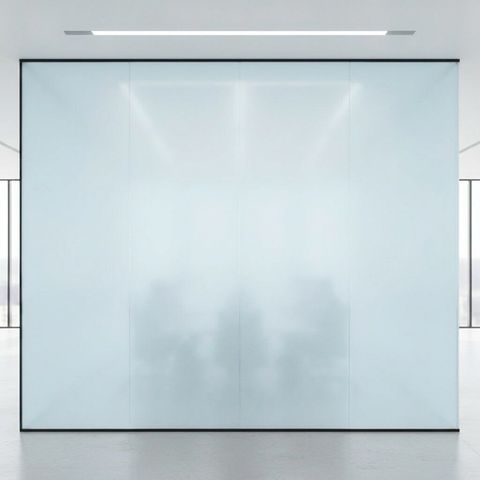 The same conference-room partition switched to frosted opaque privacy