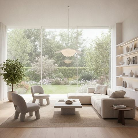 Living room smart glass doors in the clear transparent state opening onto a garden view