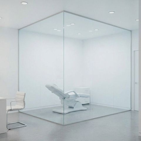 A medical clinic exam room with the glass wall in its clear transparent state, the exam chair visible