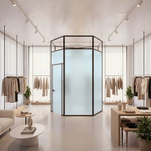 The same boutique fitting-room partition switched to frosted opaque privacy