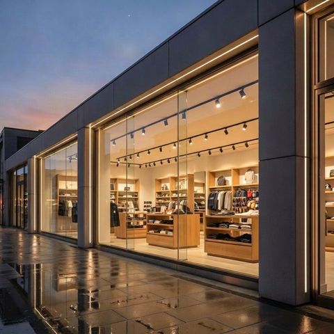 Upscale retail storefront at dusk with its display windows in the clear transparent state, the lit interior visible