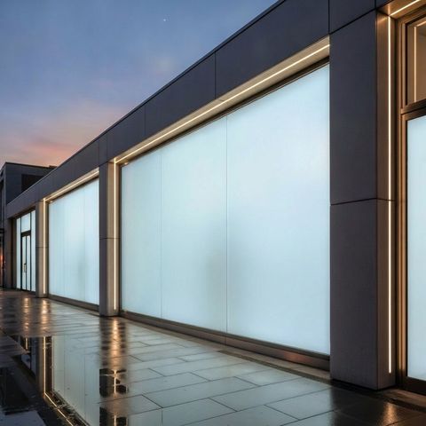The same storefront display windows frosted to an opaque glowing privacy state after hours