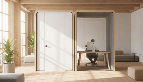Illustration of two glass office pods in an open-plan workspace, the nearer pod's glass front switched to frosted white for privacy while the neighboring pod stays clear