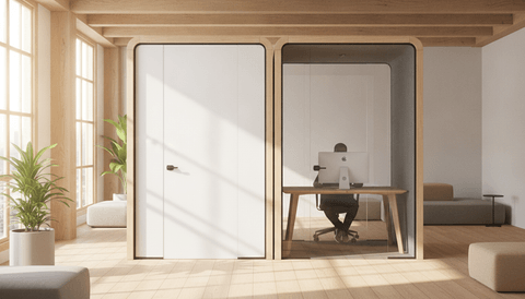 Illustration of two glass office pods in an open-plan workspace, the nearer pod's glass front switched to frosted white for privacy while the neighboring pod stays clear