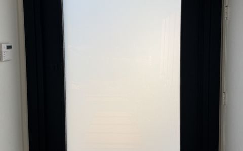 Smart film front door in Topanga frosted for privacy, black frame unchanged