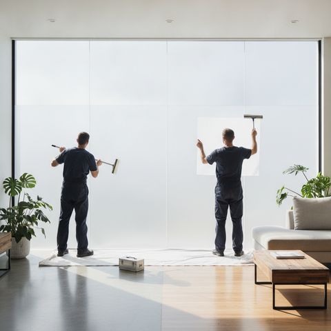 Illustration: installation crew squeegeeing switchable PDLC smart film onto a floor-to-ceiling window, the applied film showing a flat, even milky-white frost