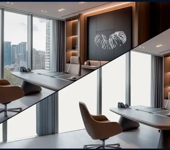PDLC smart film transitioning from clear to frosted — demo of switchable privacy glass in an executive office setting