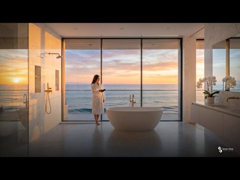 Floor-to-ceiling glass in an oceanfront bathroom shown clear and then frosted for privacy