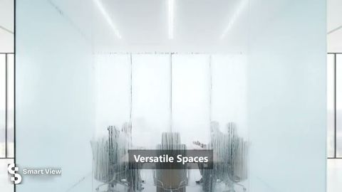 Smart glass applications across an office conference room, a bathroom and a living room