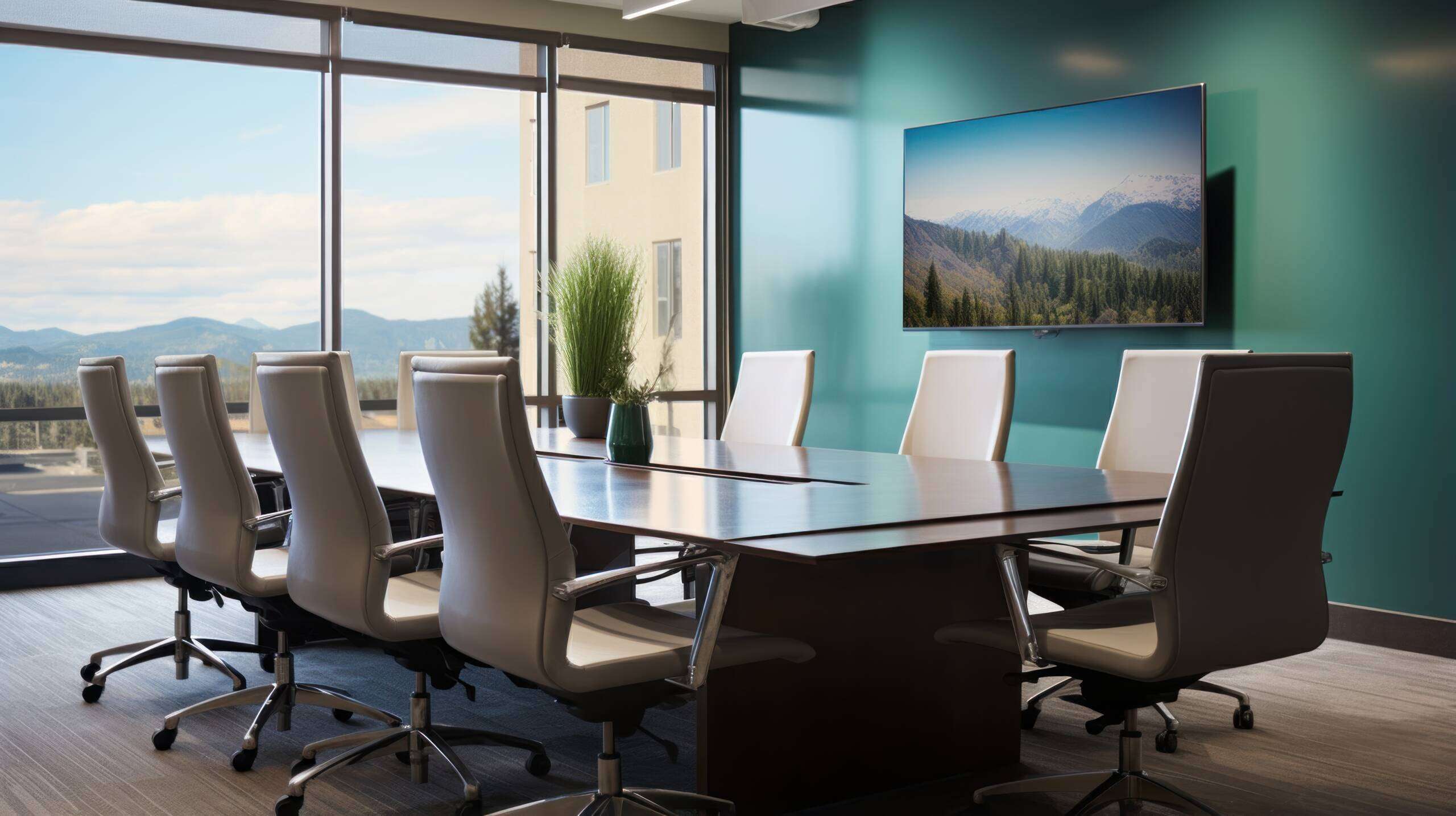 Modern office meeting room with smart glass windows and conference table.