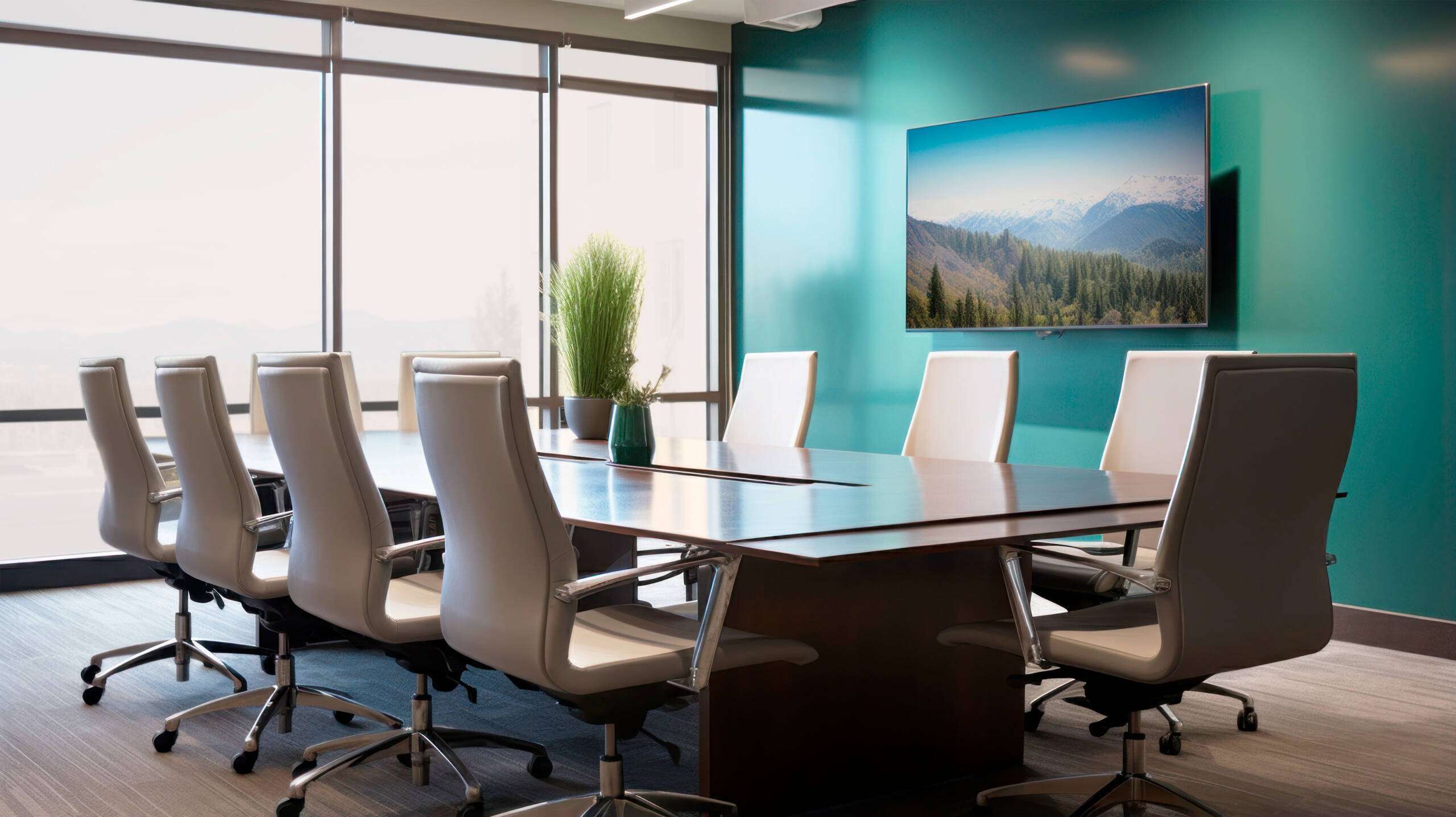 Modern office conference room with smart glass windows providing privacy and natural light.