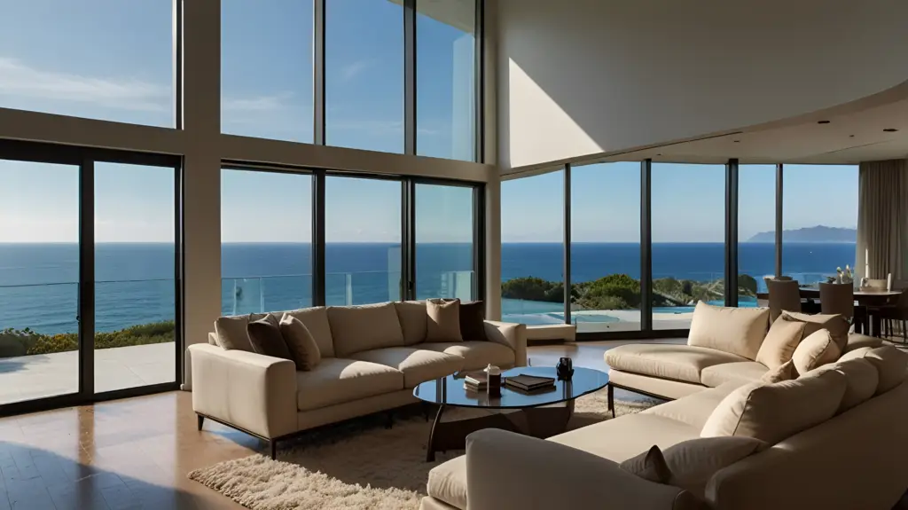 Modern living room with floor to ceiling smart glass windows in clear mode overlooking the ocean view.