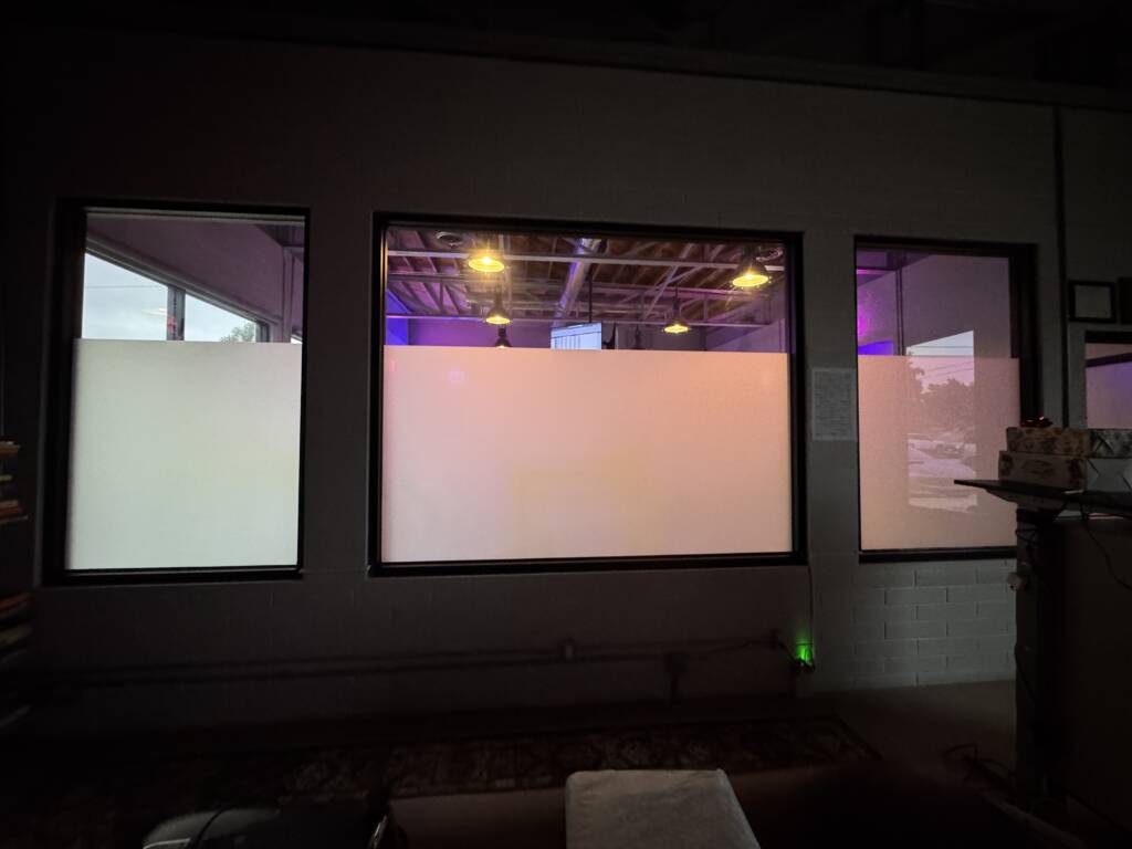 Smart glass gym in Ventura — 200 sqft of PDLC switchable smart film retrofit for on-demand privacy