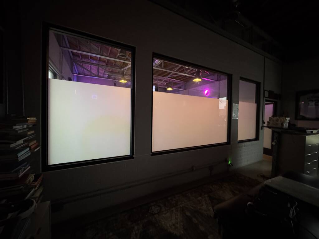 Commercial gym partition glass in privacy mode Ventura CA