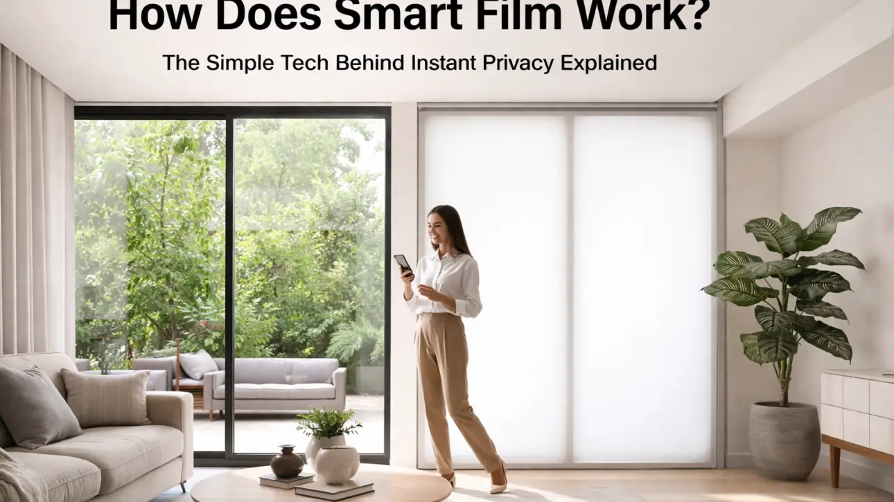 Smart film for instant privacy — switchable film on an LA window in frosted mode, phone-controlled