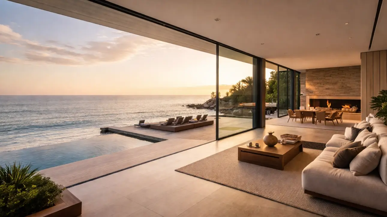 Malibu ocean-view smart glass — clear-mode switchable PDLC smart film on a Malibu home window showing full daylight transmission and unobstructed coastal views