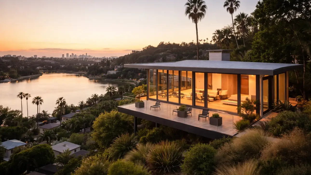 Smart glass energy in Silver Lake — clear-mode switchable smart glass on a creative home studio in Silver Lake demonstrating full daylight transmission