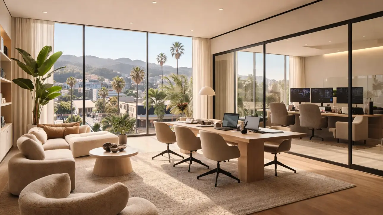 Smart glass west hollywood condos — clear-mode switchable PDLC smart glass on a West Hollywood condo enclosure showing daylight transmission