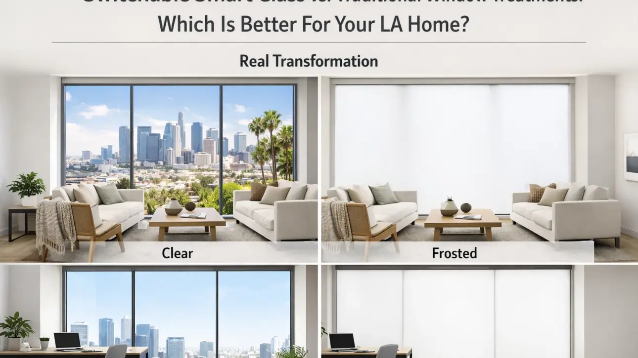 Smart glass instead of treatments — clear-mode switchable smart glass on an LA residential window demonstrating full daylight transmission without curtains or blinds