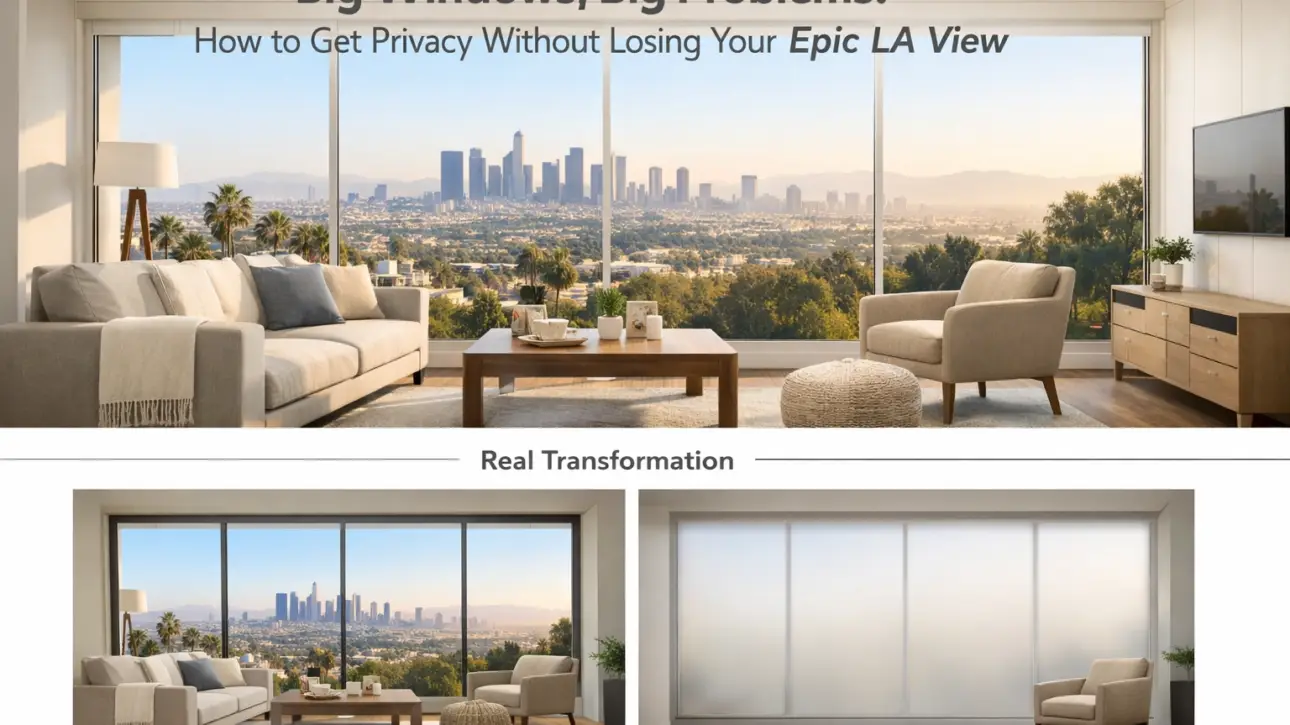 Smart film for big windows — large bay windows with switchable smart film install in a modern LA living room demonstrating oversized-panel spec discipline
