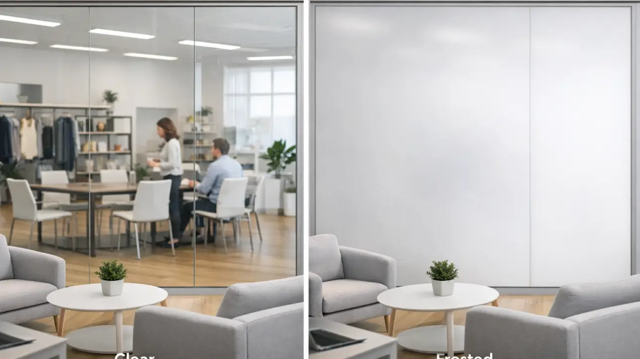 Smart film for workspace layouts — switchable smart film on a glass-walled conference room demonstrating instant privacy spec for reconfigurable LA office floor plans