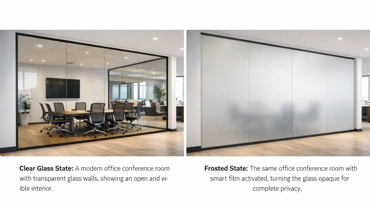 Commercial office smart film — switchable PDLC smart glass partition install on a modern LA Class A office during tenant-improvement renovation