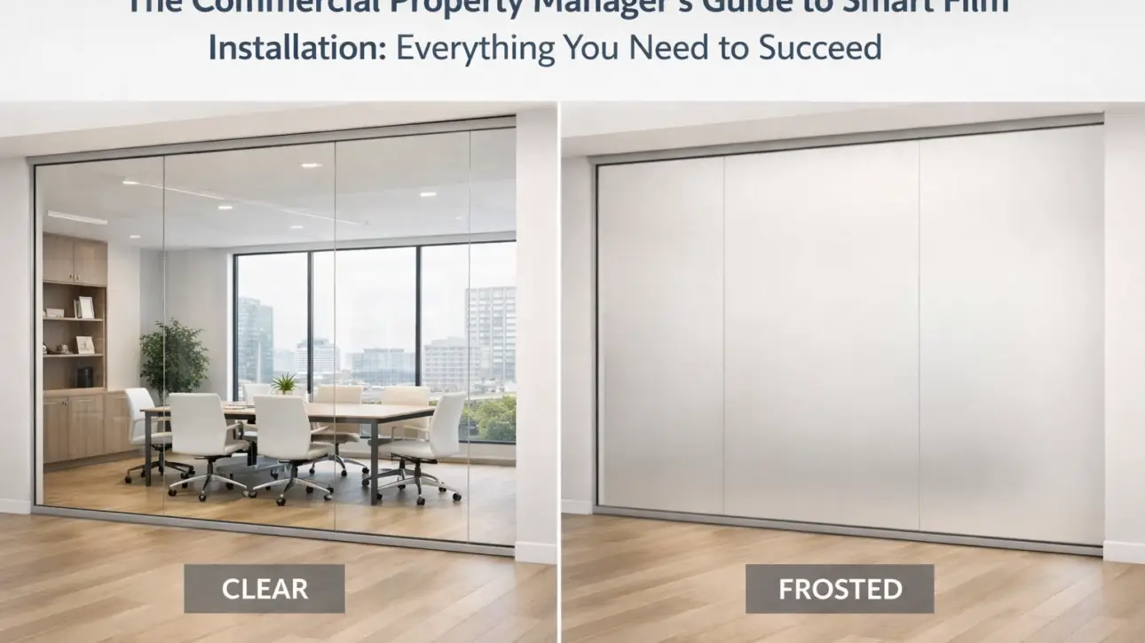 Smart film for property managers — switchable smart film retrofit preparation on a Class A LA office showing proper glass-prep discipline before application