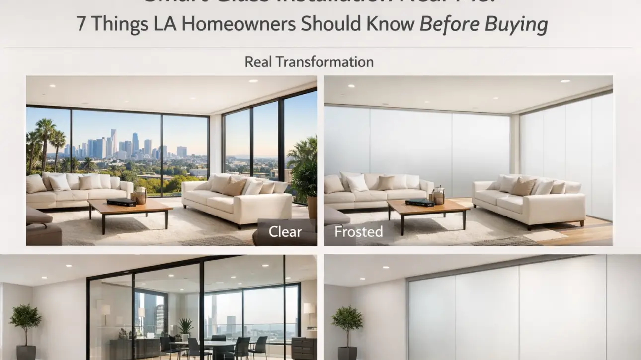 Vetting a smart glass installer — clear-mode switchable smart film on an LA residential bathroom window during install reference walkthrough