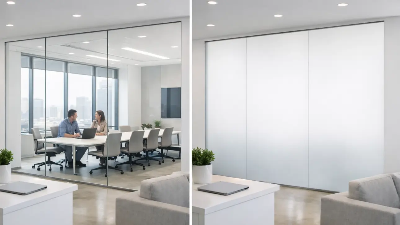 Smart glass office design — switchable smart film on a modern commercial conference room demonstrating privacy spec integrated at the architectural glazing level