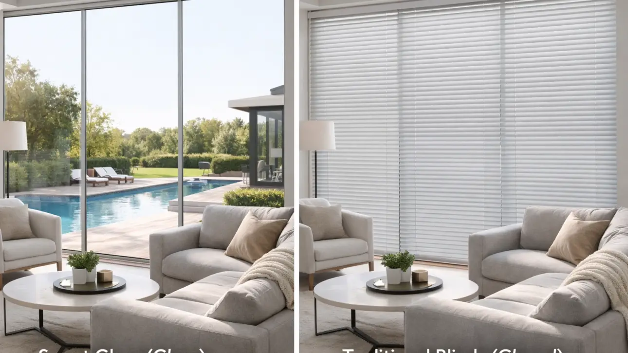 Smart glass vs blinds for homes — modern LA residential bathroom window with switchable PDLC smart film retrofit demonstrating frosted-mode privacy without blinds