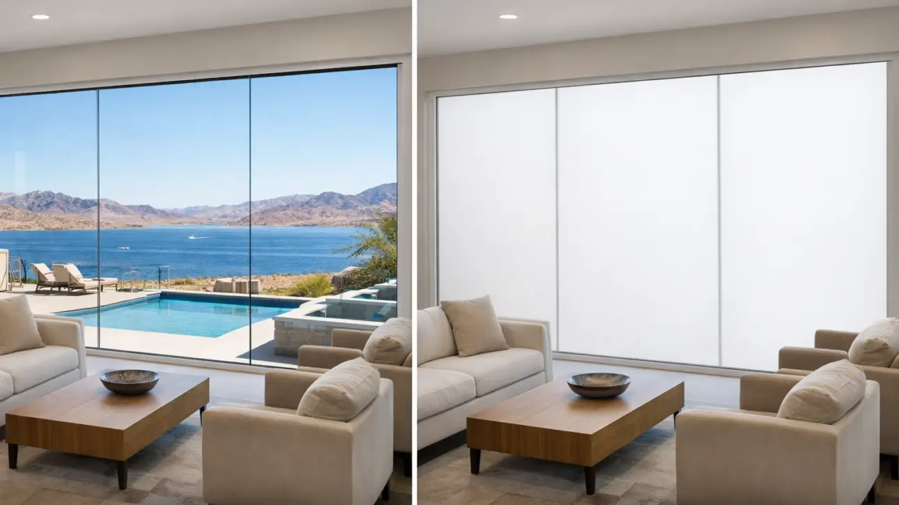 Smart glass Lake Havasu Arizona — switchable PDLC smart film windows in frosted privacy mode demonstrating product-ship-path install on a residential AZ project