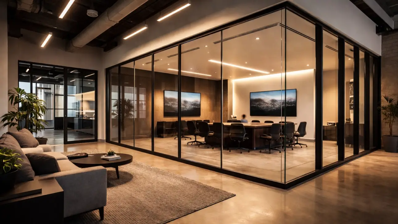 Smart glass for Culver City offices — switchable PDLC smart film on a home-office glass wall, clear mode