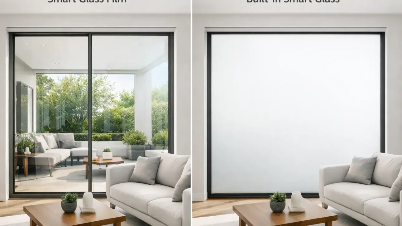 Smart film vs built-in glass — switchable smart glass enclosure on a Class A office conference room demonstrating a clean built-in laminated edge