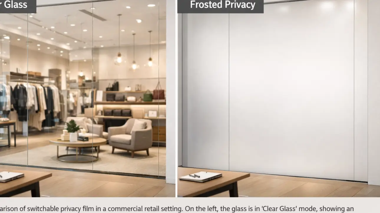 Switchable film for retail stores — switchable PDLC smart film on an LA commercial storefront glass front showing clear-mode visibility during business hours