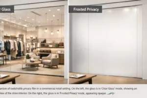 Switchable film for retail stores — switchable PDLC smart film on an LA commercial storefront glass front showing clear-mode visibility during business hours