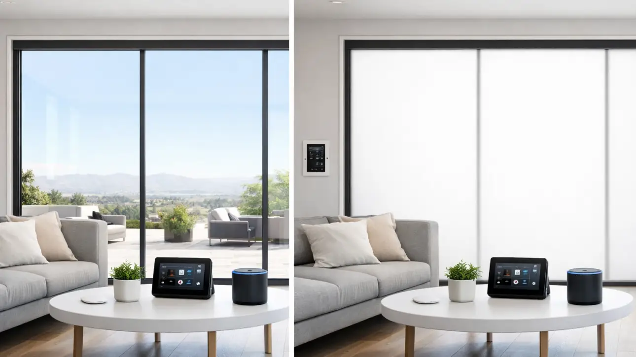 Smart glass home integration — switchable PDLC smart film install with proper low-voltage driver and integration cabling for smart-home control surfaces