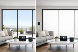 Smart glass home integration — switchable PDLC smart film install with proper low-voltage driver and integration cabling for smart-home control surfaces