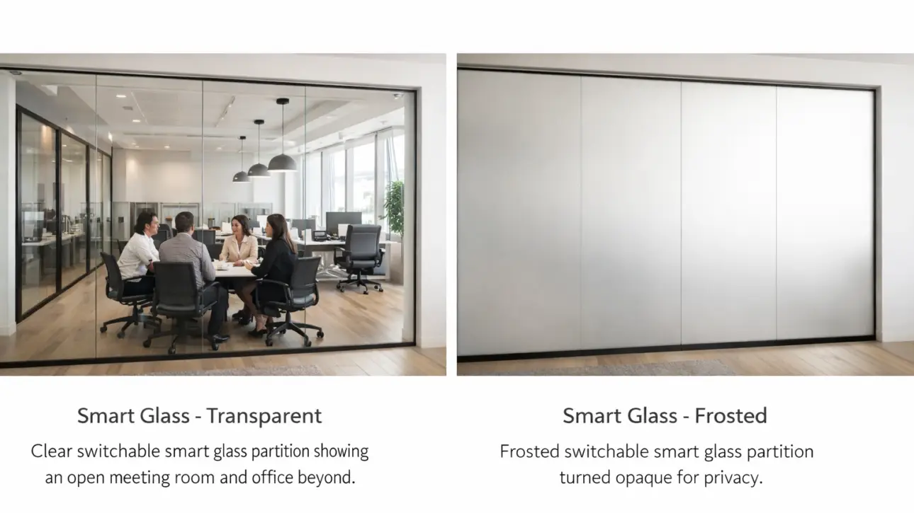 Smart glass for open offices — switchable PDLC smart glass enclosure on a conference room in an LA open-plan office layout