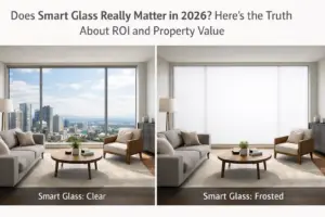Smart glass ROI for 2026 — modern LA office partition with switchable smart film glass walls demonstrating Class A commercial spec that supports lease-up and tenant retention