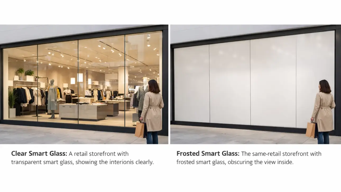 Modern retail storefront privacy — switchable smart film on a Reseda commercial storefront in clear and frosted modes