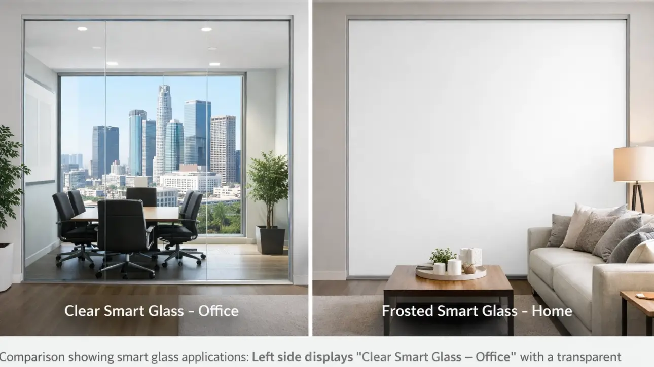 LA homes vs offices smart glass — split-frame view of switchable smart glass on a residential bathroom and a commercial conference room demonstrating spec differences